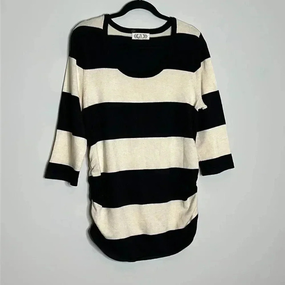 Pink Rose Pull Over Sweater Black & Cream Round Neck Side Elastic Long Sleeve - Picture 3 of 11